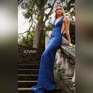 Jovani Navy blue metallic bodycon bandage mermaid open back maxi gown dress 4